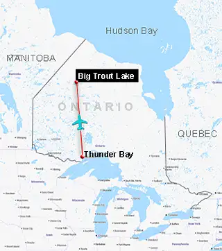 Map showing the route from Armstrong to Big Trout Lake